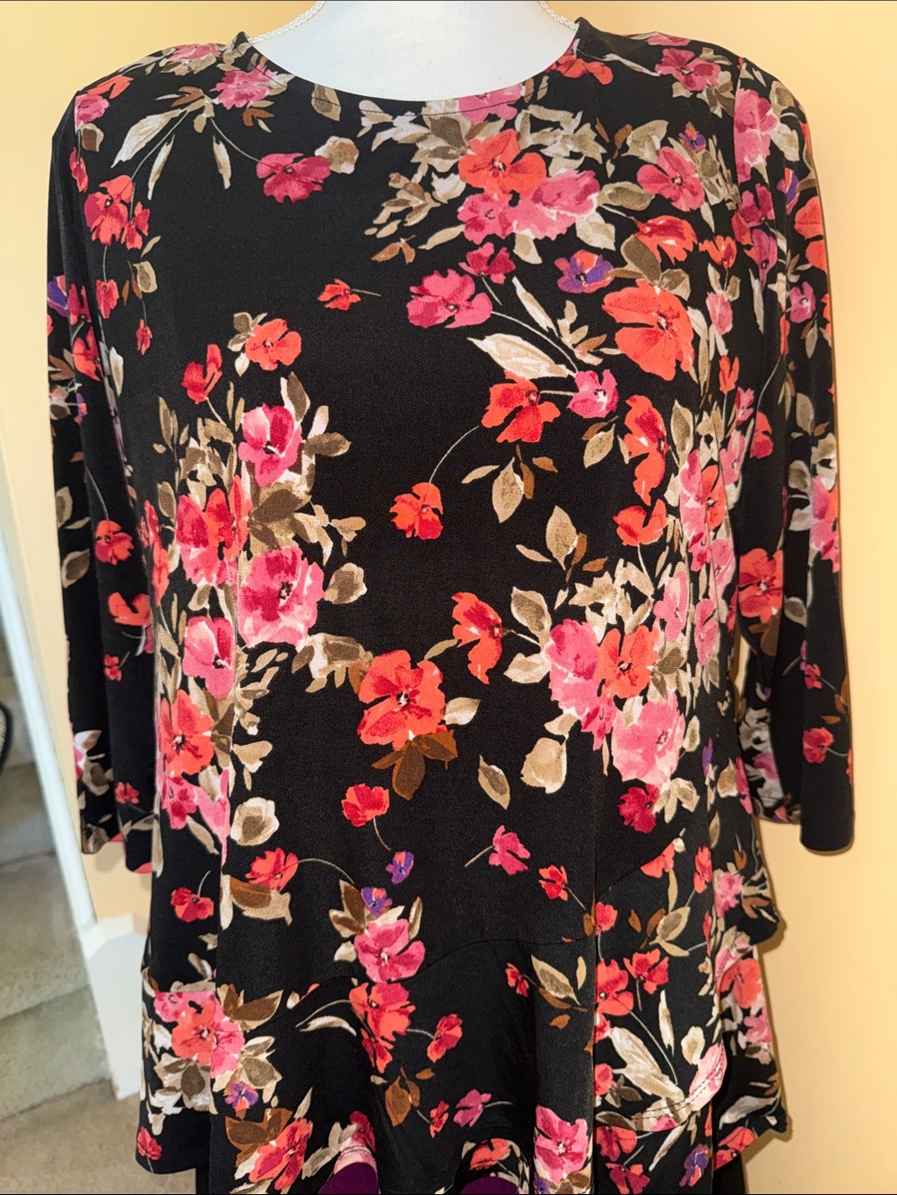 Susan Graver Black Floral Swing Top with Pink & Coral Flowers